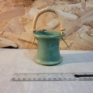 Green Ceramic Vase with Bamboo Handle
